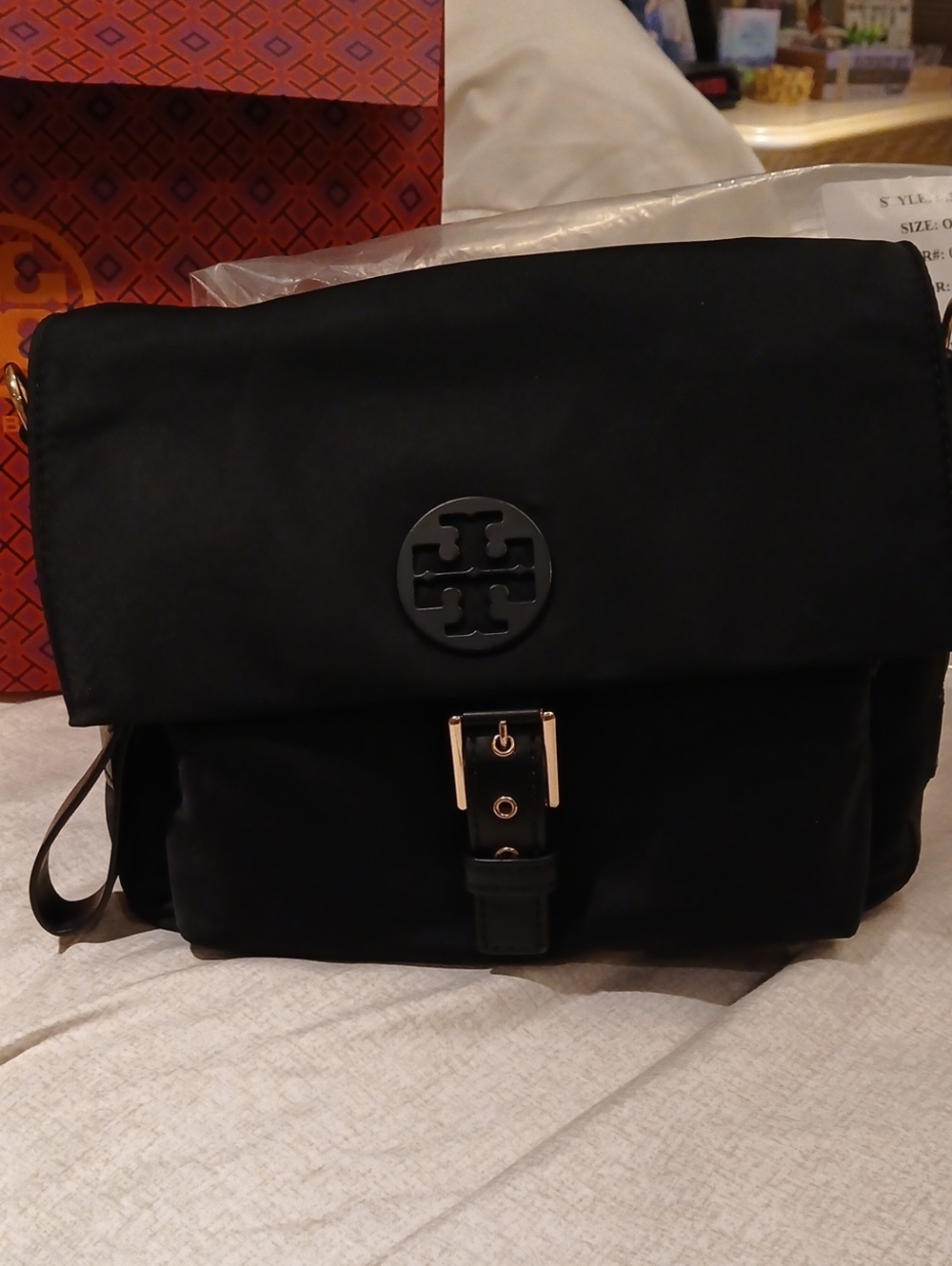 Tory Burch Black Nylon Messenger Bag with Logo Plaque